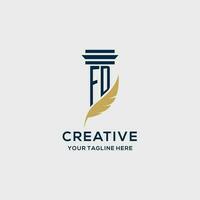 FD monogram initial logo with pillar and feather design vector