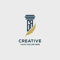 GR monogram initial logo with pillar and feather design vector