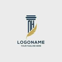 NH monogram initial logo with pillar and feather design vector