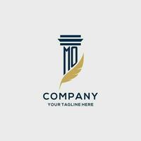 MO monogram initial logo with pillar and feather design vector