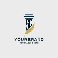 SC monogram initial logo with pillar and feather design vector