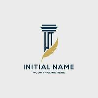 WT monogram initial logo with pillar and feather design vector