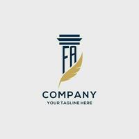 FA monogram initial logo with pillar and feather design vector