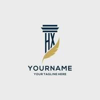 HX monogram initial logo with pillar and feather design vector