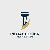 IZ monogram initial logo with pillar and feather design vector