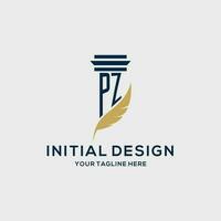PZ monogram initial logo with pillar and feather design vector