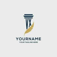 VX monogram initial logo with pillar and feather design vector