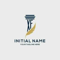 XF monogram initial logo with pillar and feather design vector