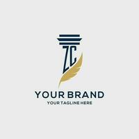 ZC monogram initial logo with pillar and feather design vector