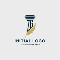 ZG monogram initial logo with pillar and feather design vector