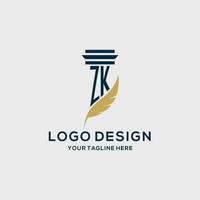 ZK monogram initial logo with pillar and feather design vector