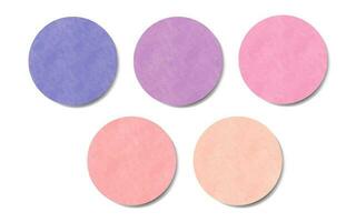 Set of round texture stickers. Purple and coral pastel labels of different circles. Vector stickers for design mockups. Holographic textured stickers for preview tags, labels