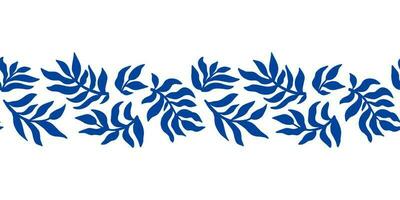 Blue Matisse elements border. Abstract organic plant shapes decorative vector illustration. Freehand contemporary leaves. Hand drawn botanical leaf design. Modern floral summer tropical branches.