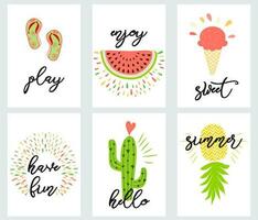 Summer layout design with summer elements flip flops watermelon ice cream cactus pineapple summer text quotes Greeting card cover book banner poster template sign logo symbols vector illustration set