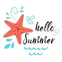Sea poster with sea star fish phrase Hello summer, wave, seastar Vector typographic banner inspirational quote. Card for summer time, vacation. Cute print, label, logo, sticker, stamp, sign, badge