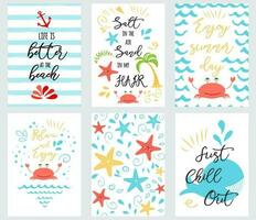 conjunto de mano dibujado verano tarjetas y pancartas vector ilustraciones para gráfico y web diseño, para verano vacaciones playa parte, saludo tarjetas disfrutando el Dom y mar inspirador citas palma árbol cangrejo