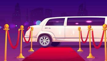 Limousine at empty red carpet with rope barrier. vector