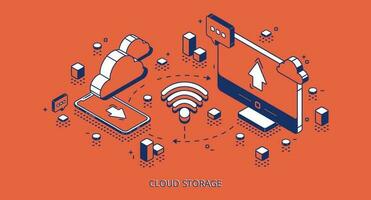 Cloud storage isometric banner, digital technology vector