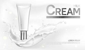 Milk cream cosmetics bottle banner with splash vector