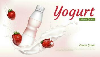 Yogurt bottle with strawberries and milk splash vector