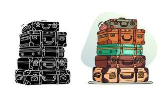 Classic retro travel suitcases stacked on top of each other. Cartoon style. Silhouette. vector