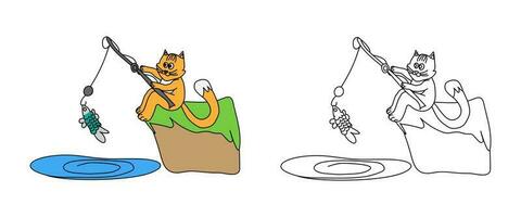 vector illustration coloring book - red doodle cat catches fish on the coast. An outline black and white drawing and a color version for an example