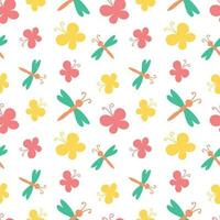 vector illustration of a seamless pattern of colored stylized butterflies and dragonflies on a white background