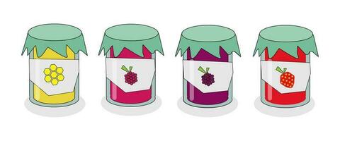 vector illustration set of jars with honey and berry jam from raspberries, blackberries and strawberries. Useful canned food