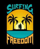 Summer Tshirt design a poster for surfing with palm trees and a surfer on the back vector