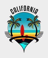 Summer t-shirt design, A surfboard with a surfboard and a palm tree on it. vector