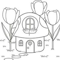 Mushroom House Surrounded by Tulips on Grass Coloring Page vector