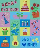 Childish happy birthday vector concept. Elements related to birthday party in papercraft kids style. Can be used as graphic poster, postcard, background, print, fabric pattern, banner for social media