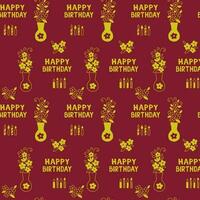 Birthday seamless pattern with greetings and bunch of flowers with candles on red background. Vector outline illustration in kids style. Ideal for background, wallpaper, wrapping, textile scrapbooking