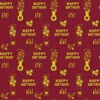 Birthday seamless pattern with greetings and bunch of flowers with candles on red background. Vector outline illustration in kids style. Ideal for background, wallpaper, wrapping, textile scrapbooking