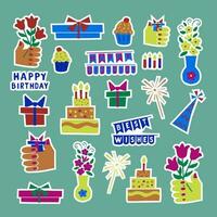 corte de papel estilo conjunto de pegatinas para cumpleaños. magdalenas con crema, manos con regalo caja y manojo de flores, cumpleaños pastel con velas, destellos, texto contento cumpleaños. único vector diseño