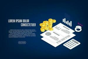 Vector isometric economics, finance documents, calculations, graph and coins. Creative design idea for infographics.