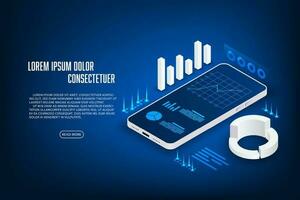 Vector finance and trading online application concept. Mobile phone and graph isometric.