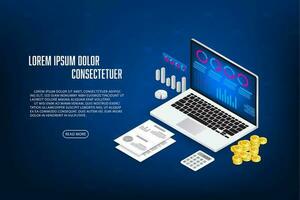 Vector finance and trading online application concept. Laptop and coint stock chart data concept isometric .