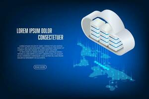 vector isométrica nube almacenamiento con mundo mapa concepto. tecnología resumen antecedentes.