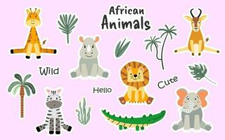 Big set of African animals stickers. Vector animals and plants. Elephant, lion, giraffe, zebra, rhinoceros, crocodile, palm trees. Cute children's stickers of wild animals.