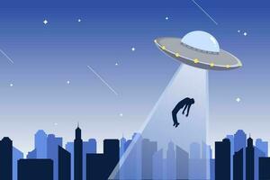 Flying saucer abducts man, city silhouette and the star sky in the background. UFO abduction. vector