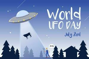 World UFO day vector poster depicting a flying saucer abducting a farmer's cow. Flying saucer abducts a cow with the trees and star sky in the background.