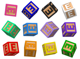 E Letter 3D Colorful Toy Blocks in Different Rotating Position, Isolated Wood Cube Letters, 3D Rendering png