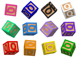 q lettre 3d coloré jouet blocs dans différent tournant position, isolé bois cube des lettres, 3d le rendu png