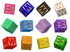 w brev 3d färgrik leksak block i annorlunda roterande placera, isolerat trä kub brev, 3d tolkning png