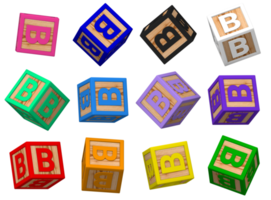 b lettre 3d coloré jouet blocs dans différent tournant position, isolé bois cube des lettres, 3d le rendu png