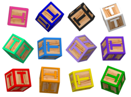 t lettre 3d coloré jouet blocs dans différent tournant position, isolé bois cube des lettres, 3d le rendu png