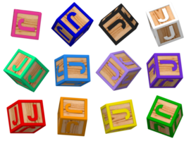j brief 3d kleurrijk speelgoed- blokken in verschillend roterend positie, geïsoleerd hout kubus brieven, 3d renderen png