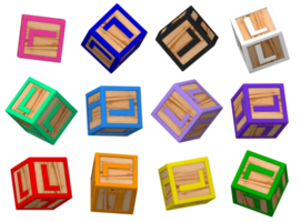 l lettre 3d coloré jouet blocs dans différent tournant position, isolé bois cube des lettres, 3d le rendu png