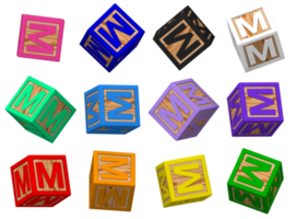 m lettre 3d coloré jouet blocs dans différent tournant position, isolé bois cube des lettres, 3d le rendu png